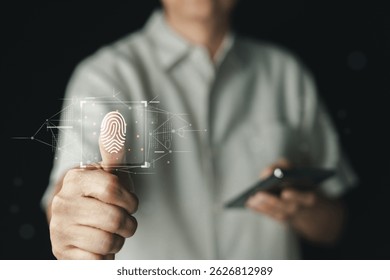 Concept of biometric authentication and fingerprint scanning.  Businessman holds a smartphone in their left hand and right index finger touches a glowing digital fingerprint scanner interface.
