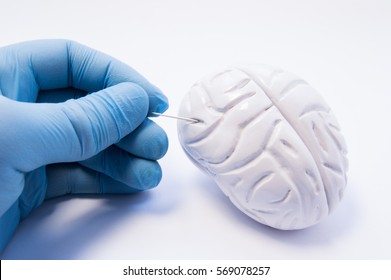 Concept Of Biopsy Of Brain Tissue. Surgeon Holding Puncture Needle And Is Preparing To Puncture Of The Brain To Capture Nerve Cells. Invasive Diagnosis Of Brain Diseases Such As Parkinson's Disease