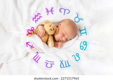Concepto del horóscopo de nacimiento de un niño, mostrando signos y constelaciones de zodiaco en una rueda