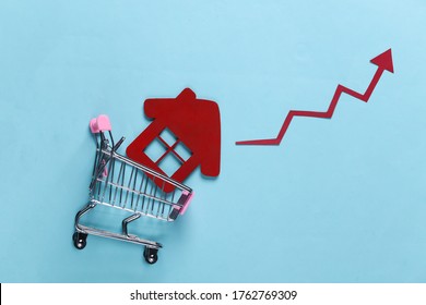 The Concept Of Boosting House Sales. Shopping Trolley With Home And Growth Arrow On A Blue Background. Top View