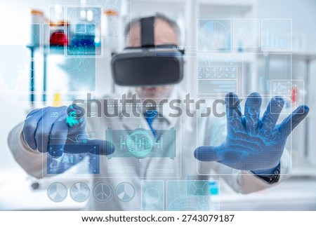 Concept of brain computer interface, neurotechnology, neural data analysis and future digital medicine. Senior doctor using virtual reality and holographic brain visualization in a hospital or laboratory