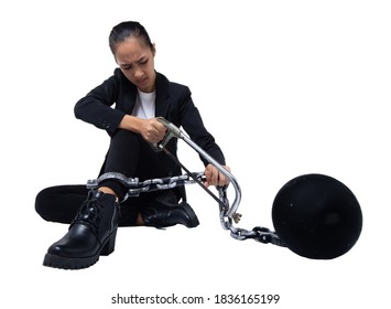 Concept Breaking Financial Money Freedom, Working Woman Try To Break Cut Chain Ball As Sawing Debt, Loan, Tax From Leg. Isolated Whited Background Copy Space