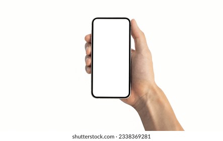 Concept for brochure and advertisement. Man holding a phone with his right hand, isolated on white background, after some edits. - Shutterstock ID 2338369281