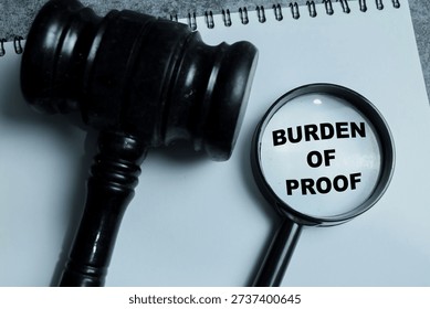 Concept of burden of proof write on book with isolated on Wooden Table. Showing legal responsibility, evidence requirement and obligation to prove claims in court