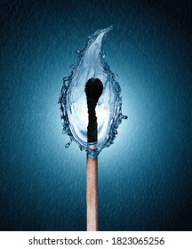 concept of a burned matchstick with a water drop flame on blue background