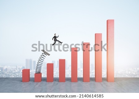 Concept of business boost and growth. Businessman flying off of springboard to business chart top on blurry city background Stockfoto © 