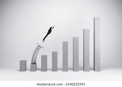 Concept of business boost and growth. Superhero businesswoman flying off of springboard to business chart top - Shutterstock ID 2140225591
