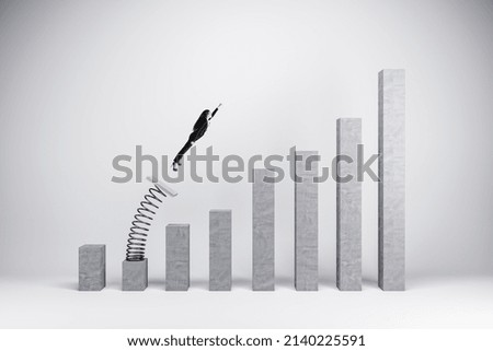 Concept of business boost and growth. Superhero businesswoman flying off of springboard to business chart top Stockfoto © 