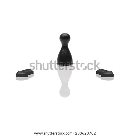 Concept: business choice, direction, decision. Single black pawn, 3d arrows, isolated on white background.