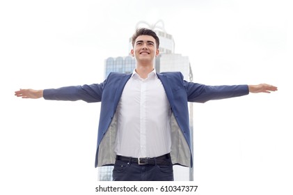 Concept - business freedom. Man spread his arms in different directions.