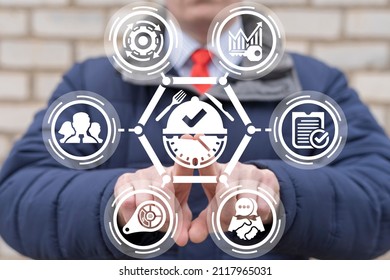 Concept Of Business Lunch. Businessman Using Virtual Touchscreen Pressing Business Lunch Icon.