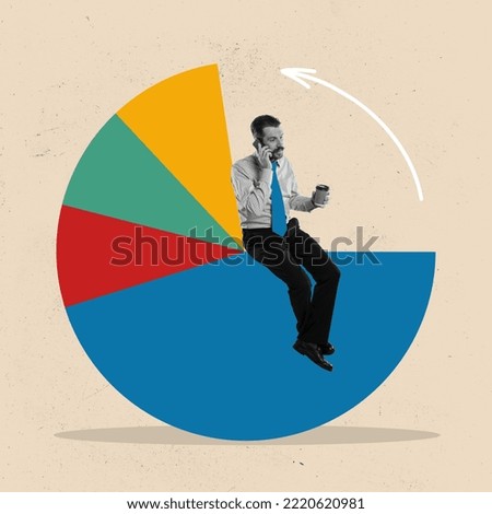 Concept of business marketing. Business man sitting on huge chart. Contemporary art collage or design about cost structure, target market, business management, marketing strategy, financial