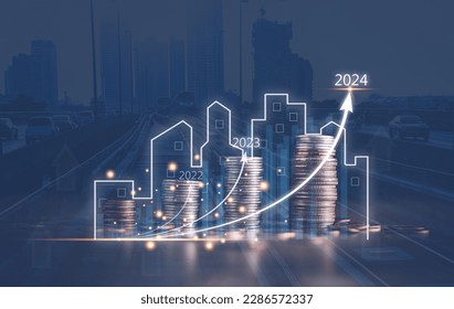 Concept of business prosperity and asset management, Real estate investment marketing analysis, Stack of coins with graph of business growth, Planning to increase profits from doing business.