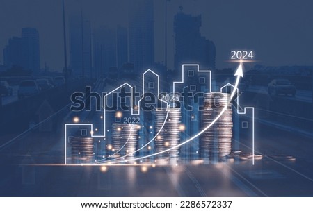 Concept of business prosperity and asset management, Real estate investment marketing analysis, Stack of coins with graph of business growth, Planning to increase profits from doing business.