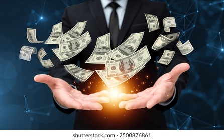 Concept of business, success, wealth. A male businessman is throwing a dollar bill. Unlock your path to success and wealth. - Powered by Shutterstock