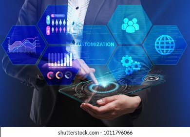 The concept of business, technology, the Internet and the network. A young entrepreneur working on a virtual screen of the future and sees the inscription: Customization