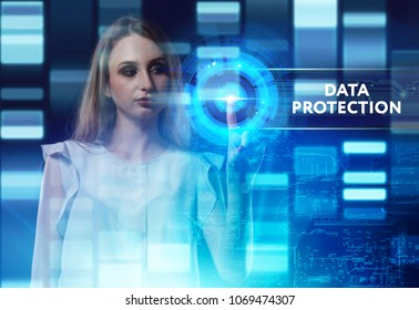 The concept of business, technology, the Internet and the network. A young entrepreneur working on a virtual screen of the future and sees the inscription: Data protection