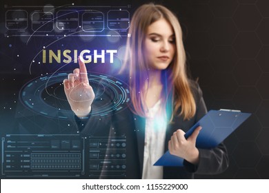 The concept of business, technology, the Internet and the network. A young entrepreneur working on a virtual screen of the future and sees the inscription: Insight