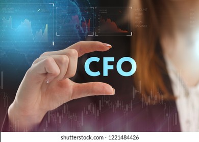 The concept of business, technology, the Internet and the network. A young entrepreneur working on a virtual screen of the future and sees the inscription: CFO