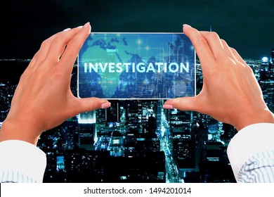 The concept of business, technology, the Internet and the network. Business lady looks at the virtual screen of your smartphone and sees the inscription: Investigation