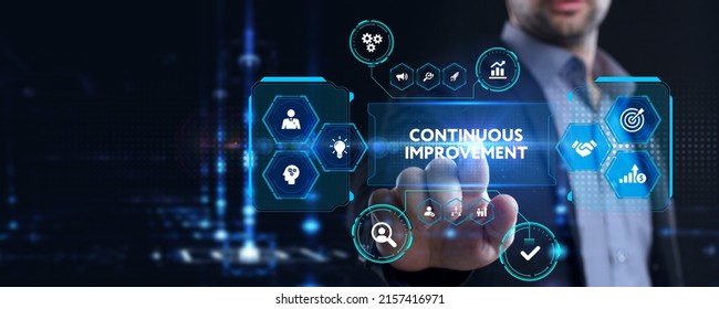 The concept of business, technology, the Internet and the network. A young entrepreneur working on a virtual screen of the future and sees the inscription: Continuous improvement - Shutterstock ID 2157416971