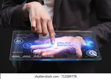 The Concept Of Business, Technology, The Internet And The Network. A Young Entrepreneur Working On A Virtual Screen Of The Future And Sees The Inscription: Online Banking