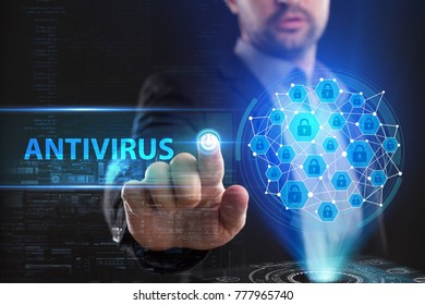 The concept of business, technology, the Internet and the network. A young entrepreneur working on a virtual screen of the future and sees the inscription: Antivirus