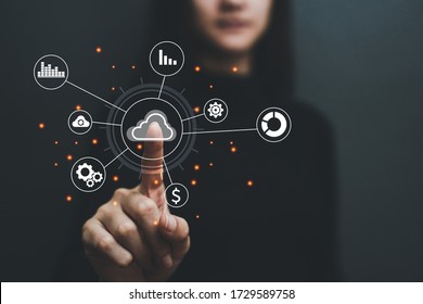 
Concept of business women, hands on technology, digital data storage Cloud technology and data exchange around the world.