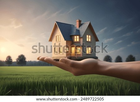 Concept of buying or building new home Male hand showing offering a new dream house at the empty field