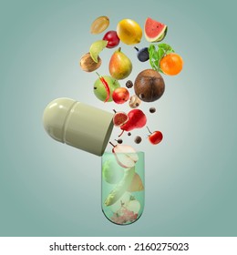 The concept of capsule active supplements extracted from natural food. Mixed media.