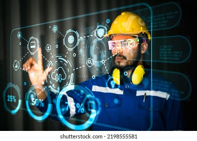 Concept Caucasian factory man using virtualization graphics motion interface artificial intelligence control for industrial driving.