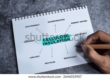 Concept of Cellulose Insulation write on book with keywords isolated on Wooden Table.