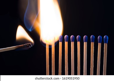 The Concept Of Change. Burning Match Ignites Other Matchsticks