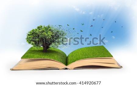 Concept of changes. Open book full of grass with a tree that turns into a birds.