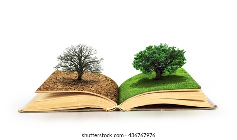 Concept Of Changes. Open Book. One Side Full Of Grass With A Life Tree, Different Side Is Desert With A Dead Tree. Concept Of Doubleness. Isolated On White Background.