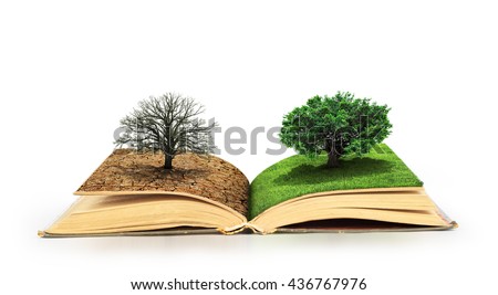 Concept of changes. Open book. One side full of grass with a life tree, different side is desert with a dead tree. Concept of doubleness. Isolated on white background.
