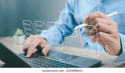 Concept checklist online survey business Efficient document form project management, evaluation, auditing, quality control standards check mark isocertified symbol commercial warranty - Shutterstock ID 2318980651