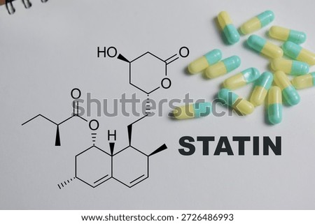 Concept of chemical structure statin write on book isolated on Wooden Table.