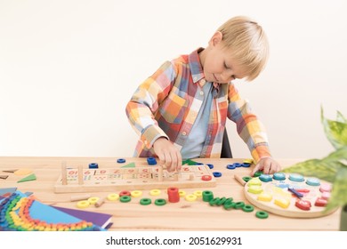 Concept For Child Math Development, Learning Center, Primary School, Count Skills, Montessori, Educational. Caucasian Child Playing With Wooden Math Toy. Number Line, Counting. Lifestyle. Home Study.