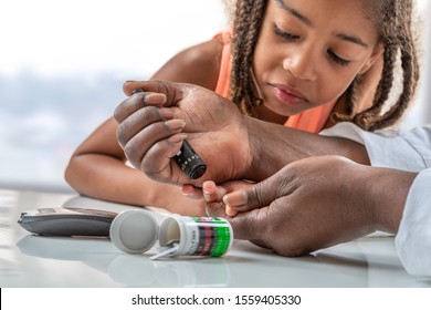 Concept Children Diabetes Children With Glucometer Learning To Check Blood Sugar Level At Home. Learn To Use A Glucometer. Education Of Diabetic Kids, At Hospital