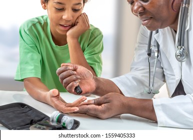 Concept Children Diabetes Children With Glucometer Learning To Check Blood Sugar Level At Home. Learn To Use A Glucometer. Education Of Diabetic Kids, At Hospital