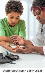 Concept Children Diabetes Children With Glucometer Learning To Check Blood Sugar Level At Home. Learn To Use A Glucometer. Education Of Diabetic Kids, At Hospital