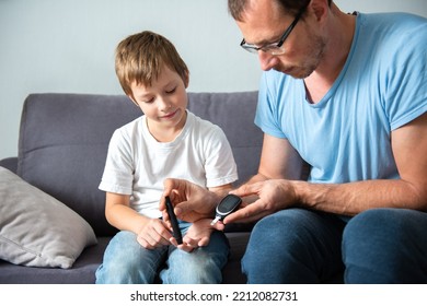 Concept Children Diabetes Children With Glucometer Learning To Check Blood Sugar Level At Home. Learn To Use A Glucometer. Education Of Diabetic Kids