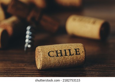 The Concept Of Chilean Wine And Winemaking. A Wine Cork With The Name Of The Country 