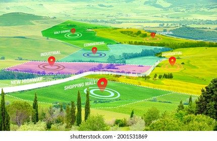 Concept Of City Development Planning, Rural Landscape With Dedicated Areas For Residential, Commercial And Industrial Areas