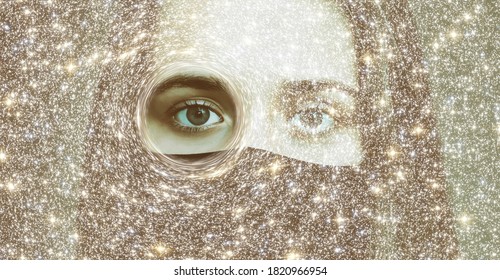 The concept of clairvoyance. A piercing look into the future against the starry sky. Paranormal abilities, clairvoyance, divination. Elements of this image are provided by NASA. Banner.