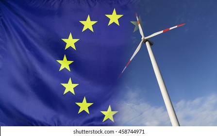 Concept Clean Energy With Flag Of Europe Merged With Wind Turbine In A Blue Sunny Sky
