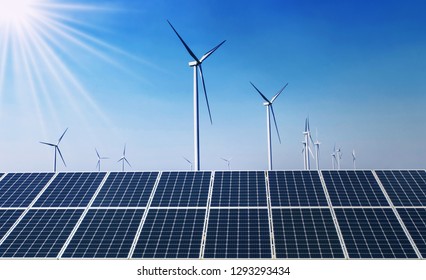 Concept Clean Energy Power In Nature. Solar Panel With Wind Turbine And Blue Sky Background