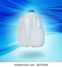 Concept Of Clean Water And Recyclable Packaging. Plastic White Bottle Of One Gallon Against A Blue Abstract Background