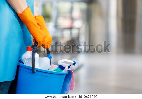 Concept cleaning services. The cleaning lady\
with a bucket and cleaning products\
.